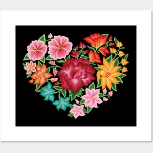 Mexican Embroidery Style Heart Design from Oaxaca, México (Black Background) Posters and Art